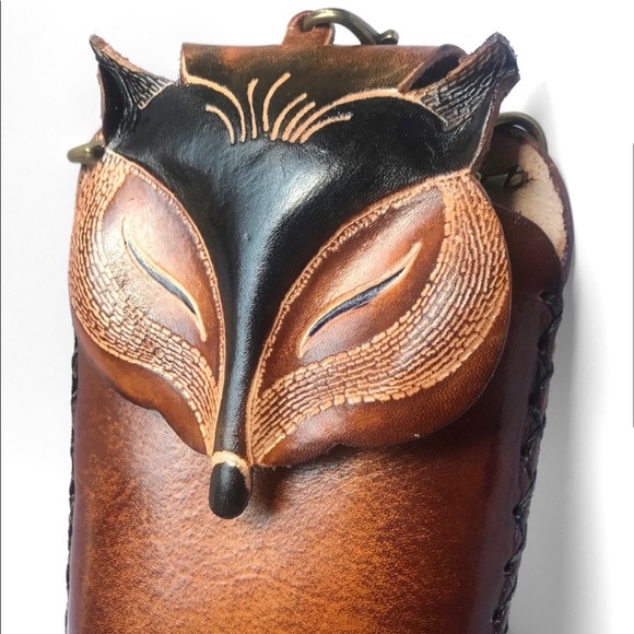 New! USA MADE GENUINE LEATHER HANDMADE HANDCRAFTED FOX CELL Crossbody PHONE BAG - Picture 4 of 8